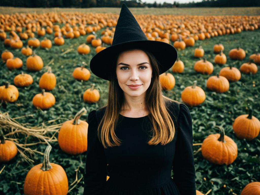 Halloween Witch Woman in Black Dress and Hat Standing in Pumpkin Patch