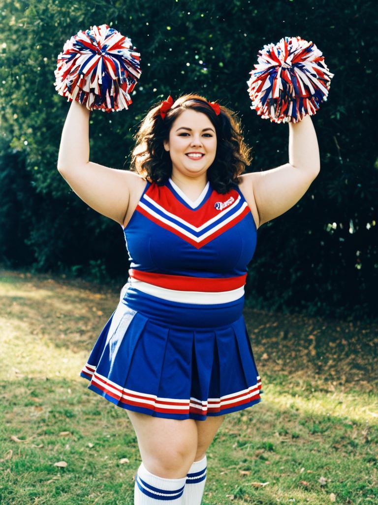 Plus Size Woman in Cheerleader Costume with Pom-Poms Outdoors