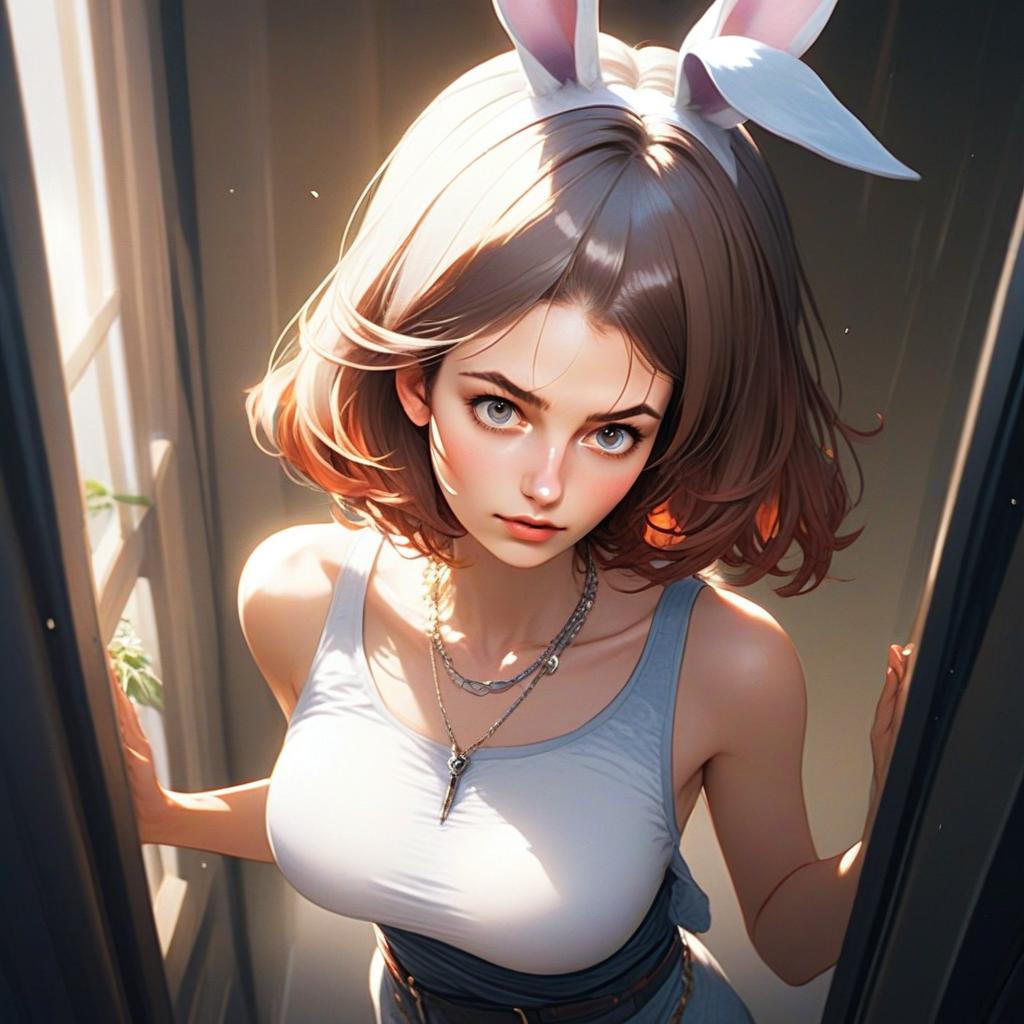 Young Woman with Bunny Ears in Doorway Young Woman with Bunny Ears in Doorway