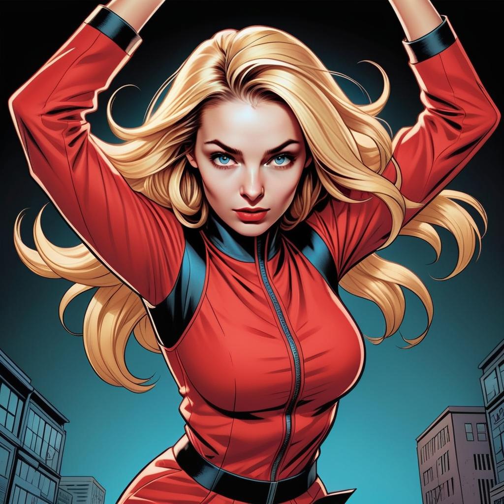 Dynamic Comic Style Blonde Woman in Red Jacket Urban Illustration