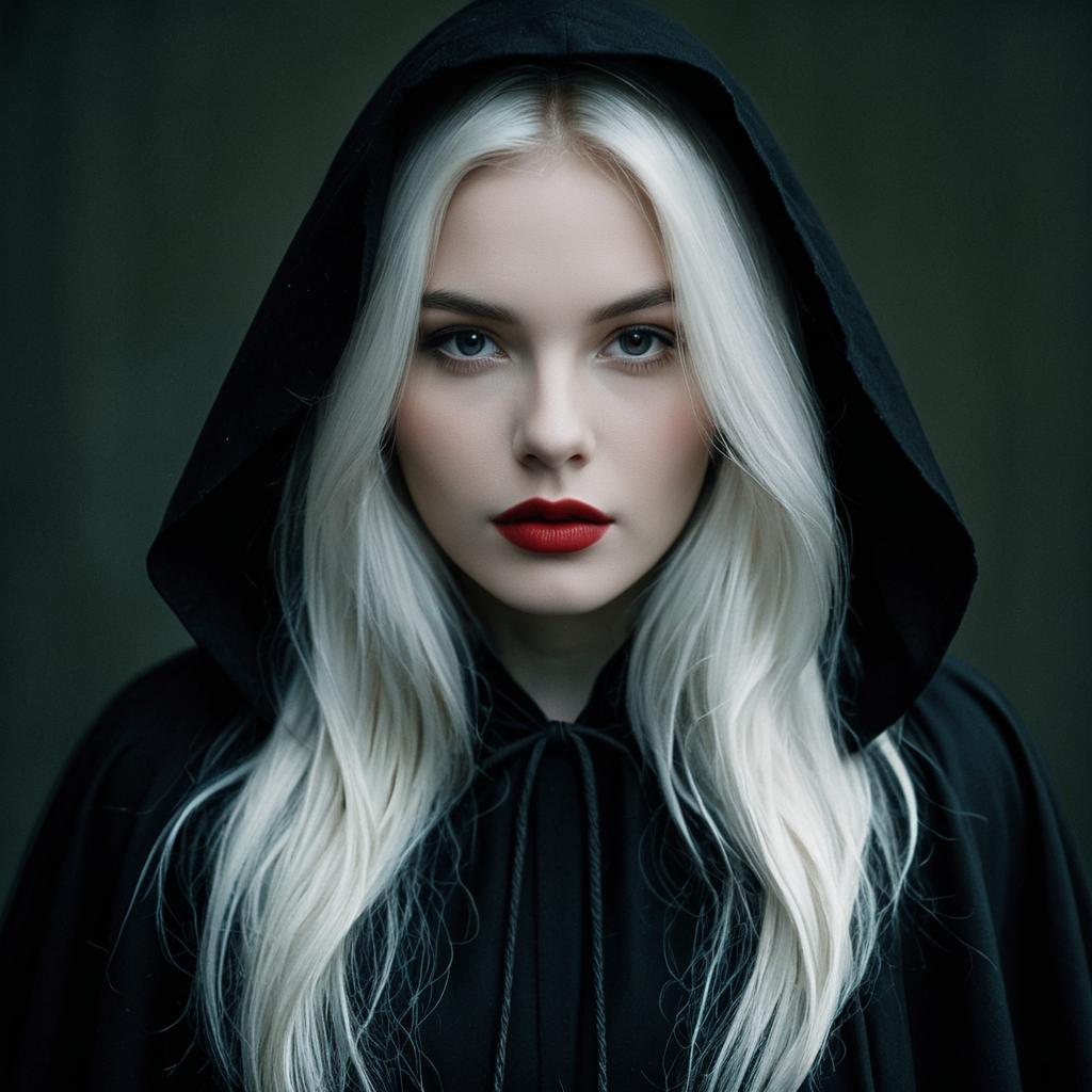 Portrait of Woman with Platinum Blonde Hair Wearing Black Hooded Cloak