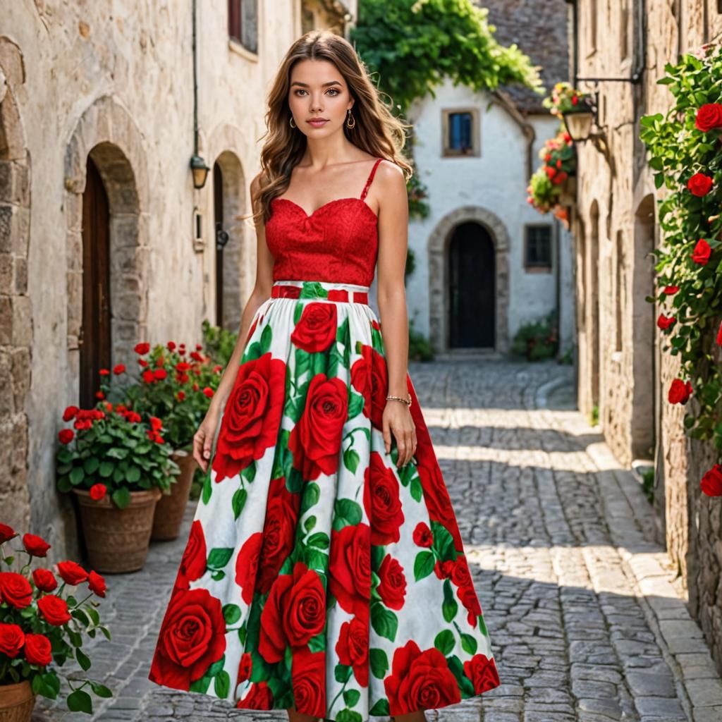 Woman in Red Lace Top and Floral Skirt on Cobblestone Street