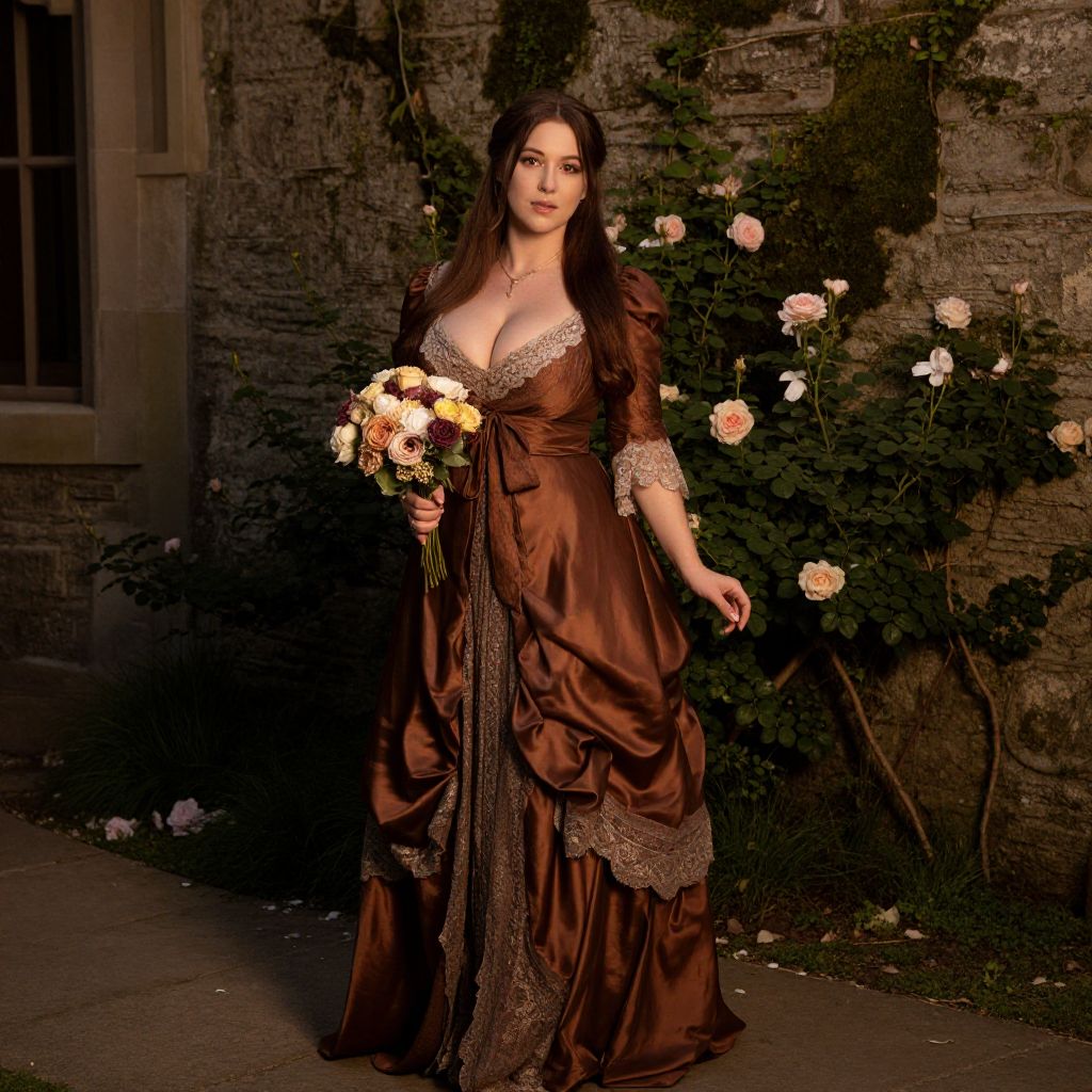 Elegant Woman in Vintage Satin Gown Holding Rose Bouquet in Garden