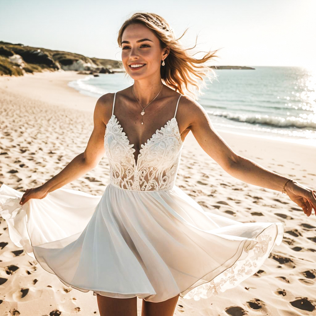 Joyful Woman in White Dress on Beach