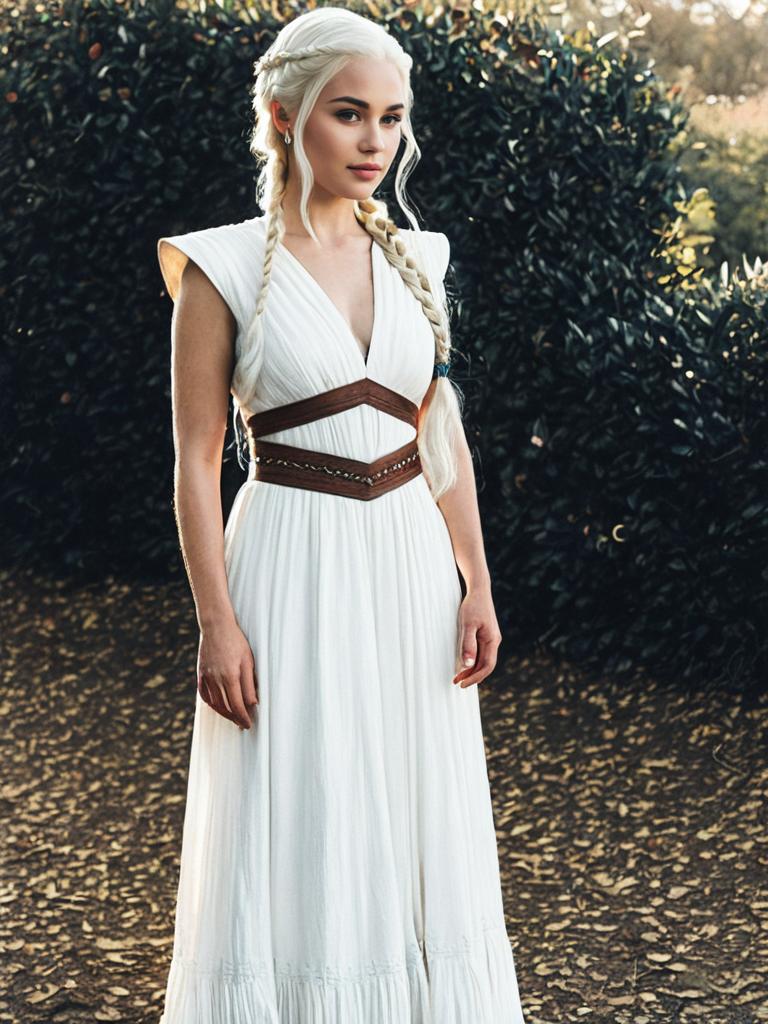 Woman in White Fantasy Dress with Braided Platinum Blonde Hair Outdoors Woman in White Fantasy Dress with Braided Platinum Blonde Hair Outdoors