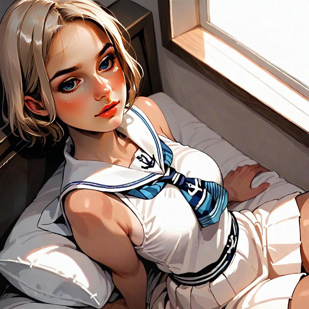 Anime Style Young Woman in Sailor Outfit Reclining by Window