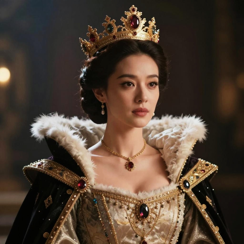 Regal Woman in Renaissance Crown and Ornate Gown