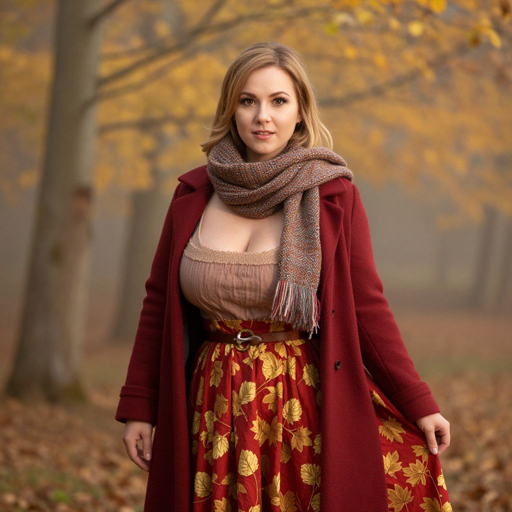 Woman in Red Coat with Autumn Leaf Skirt in Forest