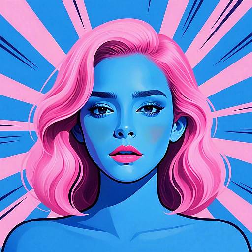 Digital Pop Art Portrait of Woman with Pink Hair and Blue Skin