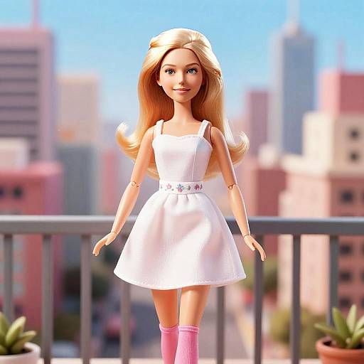 Blonde Woman Doll in White Dress on City Balcony