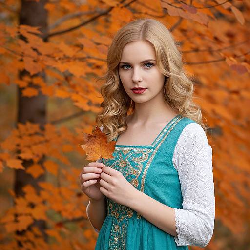 Young Woman in Teal Embroidered Dress Holding Autumn Leaf in Fall Forest