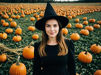 Halloween Witch Woman in Black Dress and Hat Standing in Pumpkin Patch