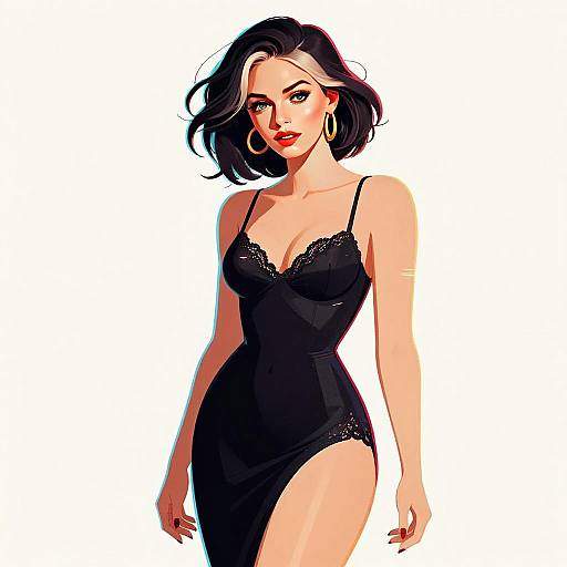 Elegant Gen Z Woman in Black Lace Dress Digital Illustration
