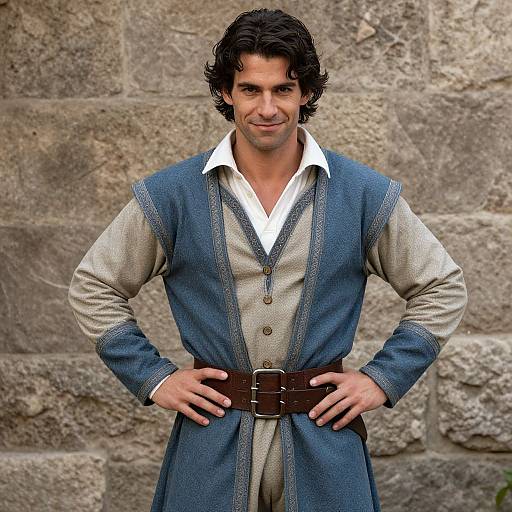 Confident Man in Medieval Costume Standing by Stone Wall