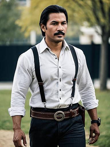 Man in Ezio Auditore Style White Shirt with Suspenders and Belt