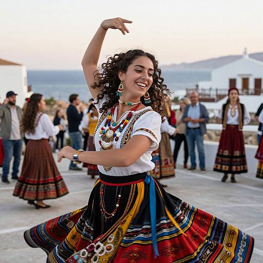 Traditional Cultural Dance Woman in Colorful Attire by Seaside