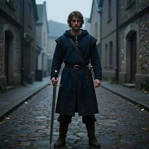 Man in Medieval Costume Standing on Cobblestone Street Holding Sword