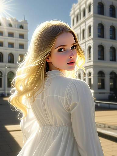 Blonde Woman in White Dress with Classical Architecture Background