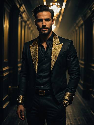 Man in Modern Fashion Outfit with Gold Embellished Suit at Fashion Festival