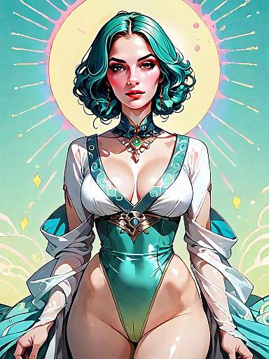 Woman with Emerald Green Hair in Vibrant Silk Bralette Fantasy Digital Artwork