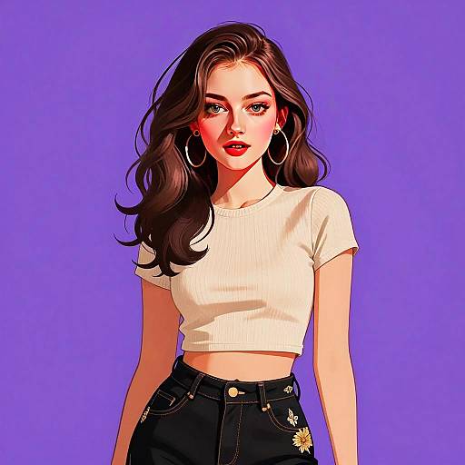 Stylish Young Woman in Crop Top and Embroidered Jeans Vector Art