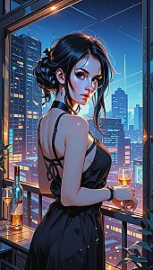 Woman with Wine by Window Overlooking City at Night