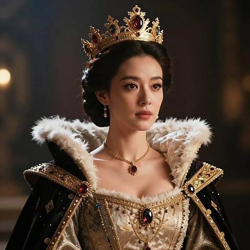 Regal Woman in Renaissance Crown and Ornate Gown