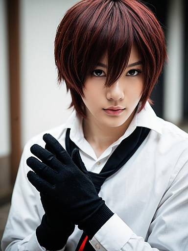 Akechi Gorou Cosplay Portrait with Auburn Hair and Black Gloves