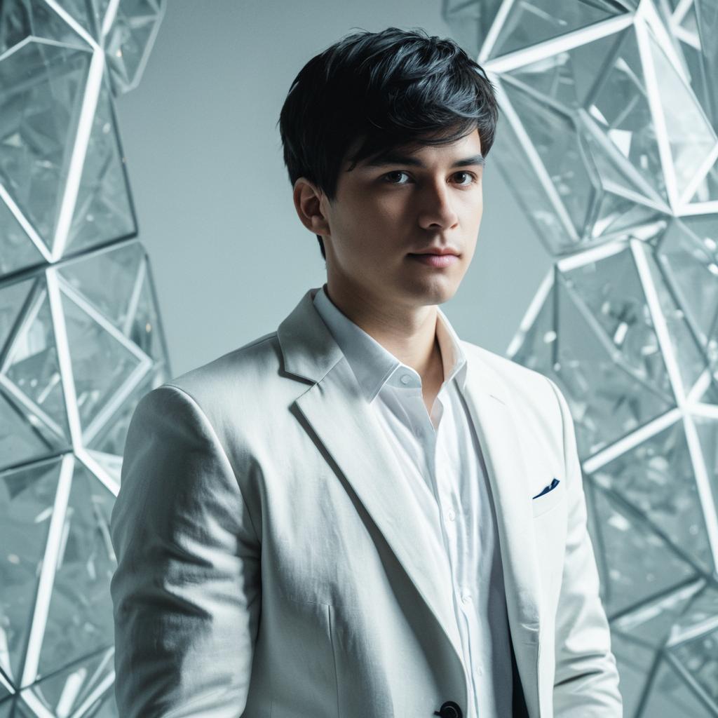 Young Man in White Suit with Geometric Crystal Background Realistic Portrait