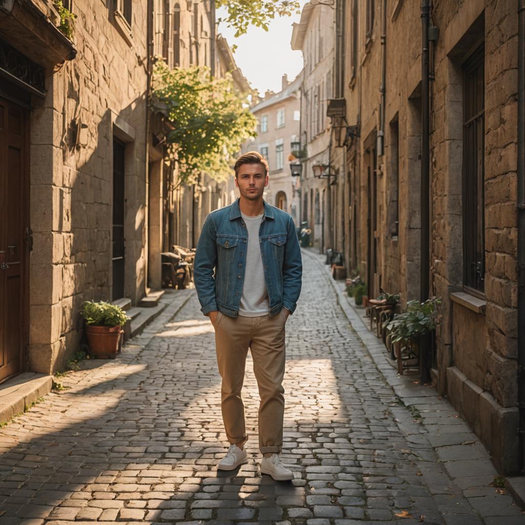 Confident Man in Atmospheric Cobblestone Street