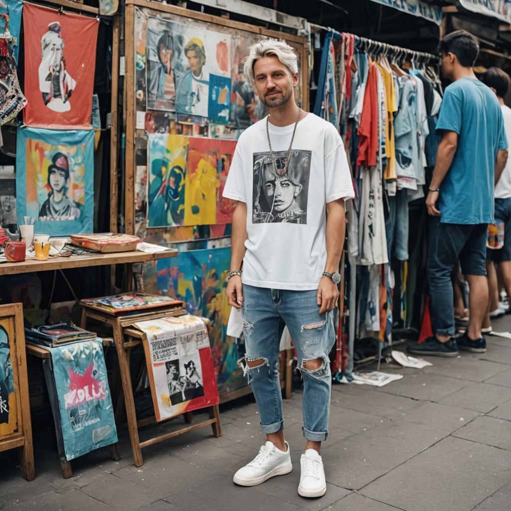 Stylish man in front of colorful artistic backdrop