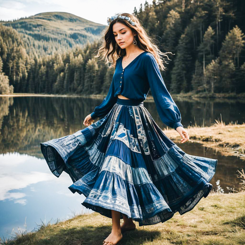 Young Woman Twirling by Serene Lake in Blue Skirt