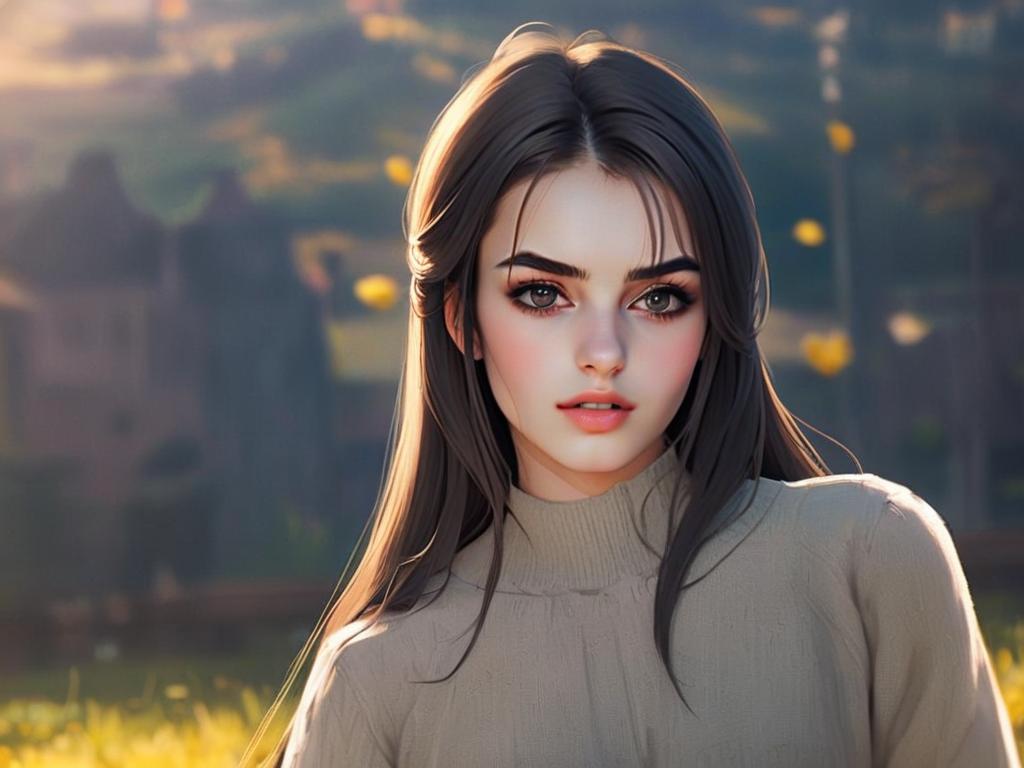 Digital Portrait of Young Woman with Long Hair in Warm Light