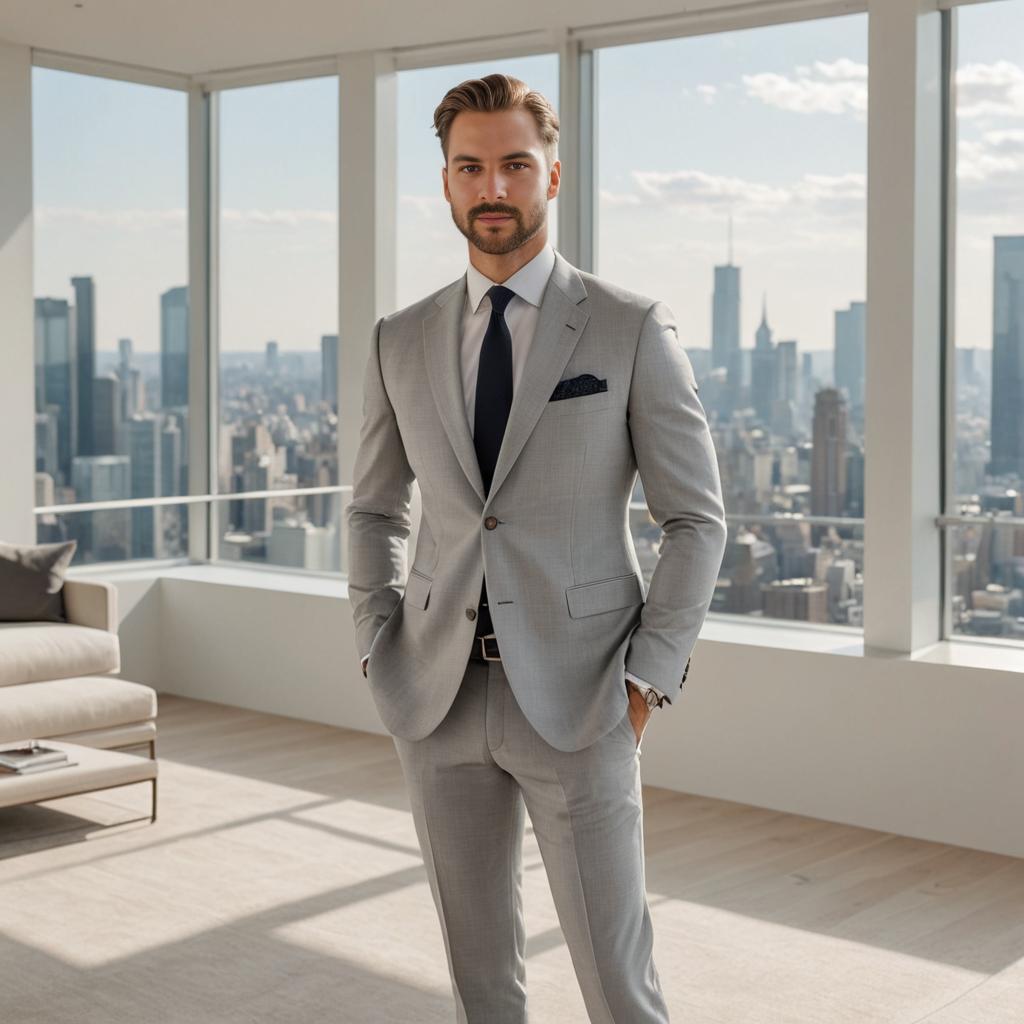 Stylish Man in Grey Suit with City View