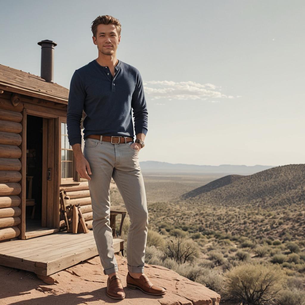 Confident Man by Rustic Cabin in Desert Landscape