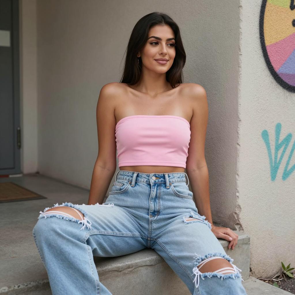 Gen Z Woman in Pink Tube Top and Ripped Jeans Sitting Outdoors