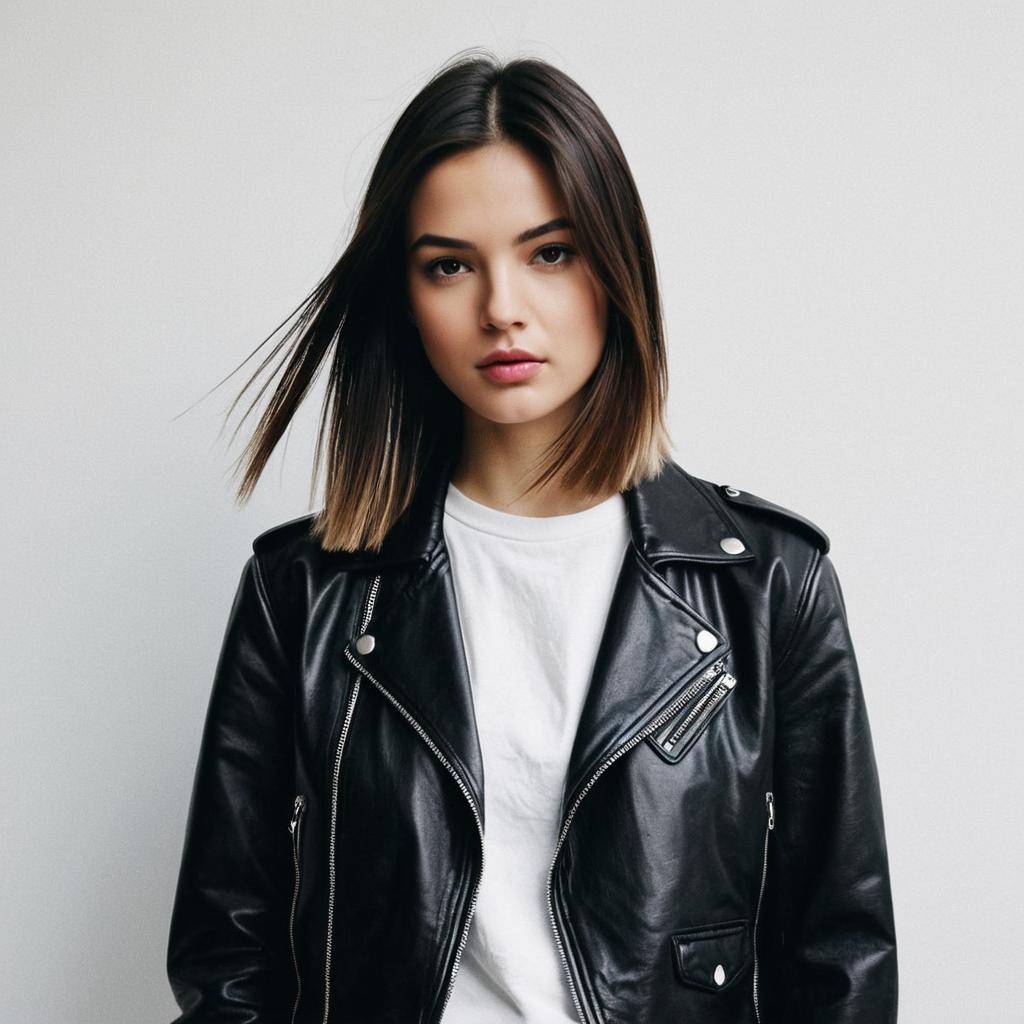 Young Woman in Black Leather Jacket and White T-Shirt Portrait