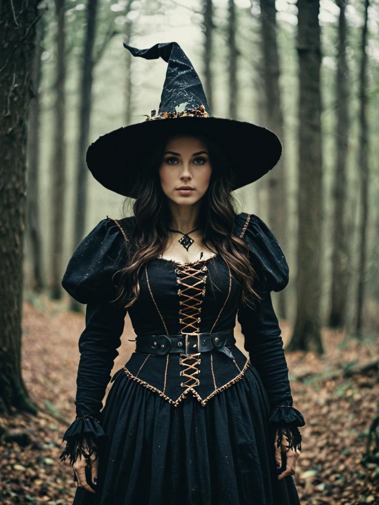 Woman in Woodland Witch Costume Waist Up Editorial Portrait