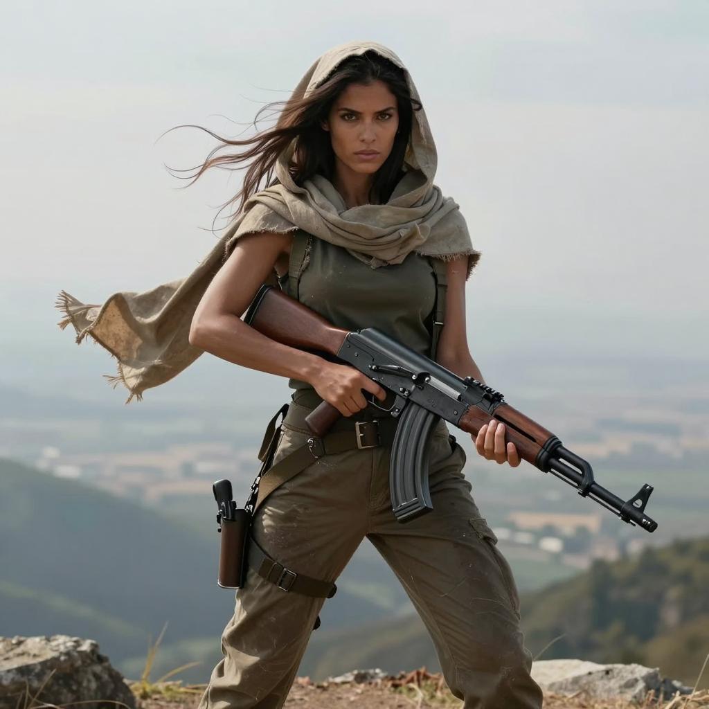Woman Soldier with Assault Rifle in Military Tactical Gear Outdoors