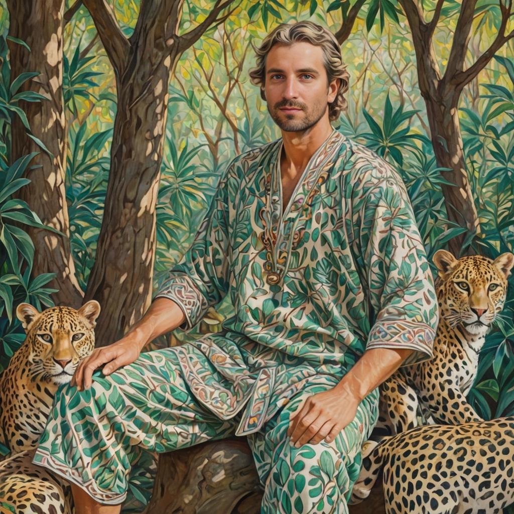 Man in Vibrant Nature-Inspired Outfit with Leopards