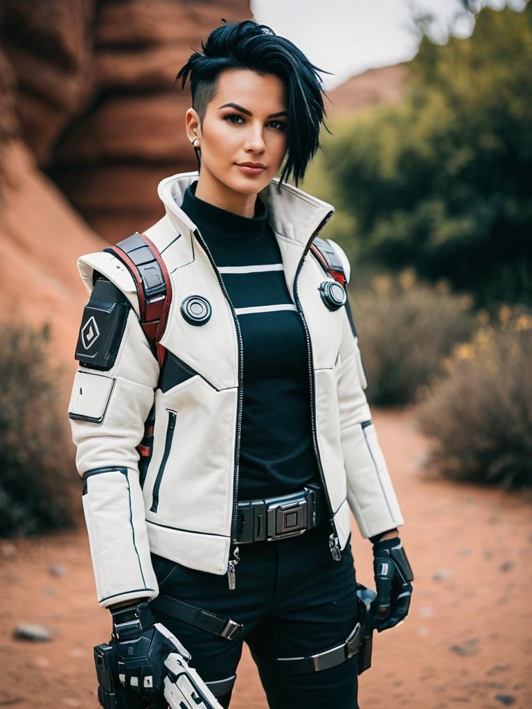 Woman in Futuristic Apex Legends Inspired Outfit Standing Outdoors