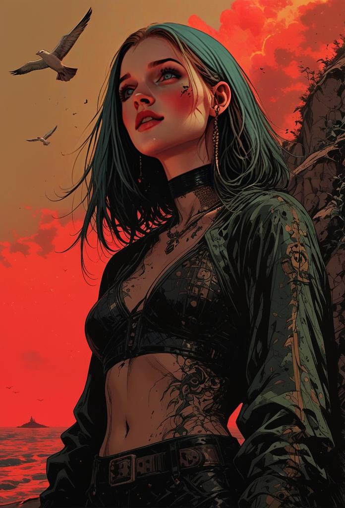 Edgy Woman with Teal Hair Against Dramatic Red Coastal Sky Digital Art
