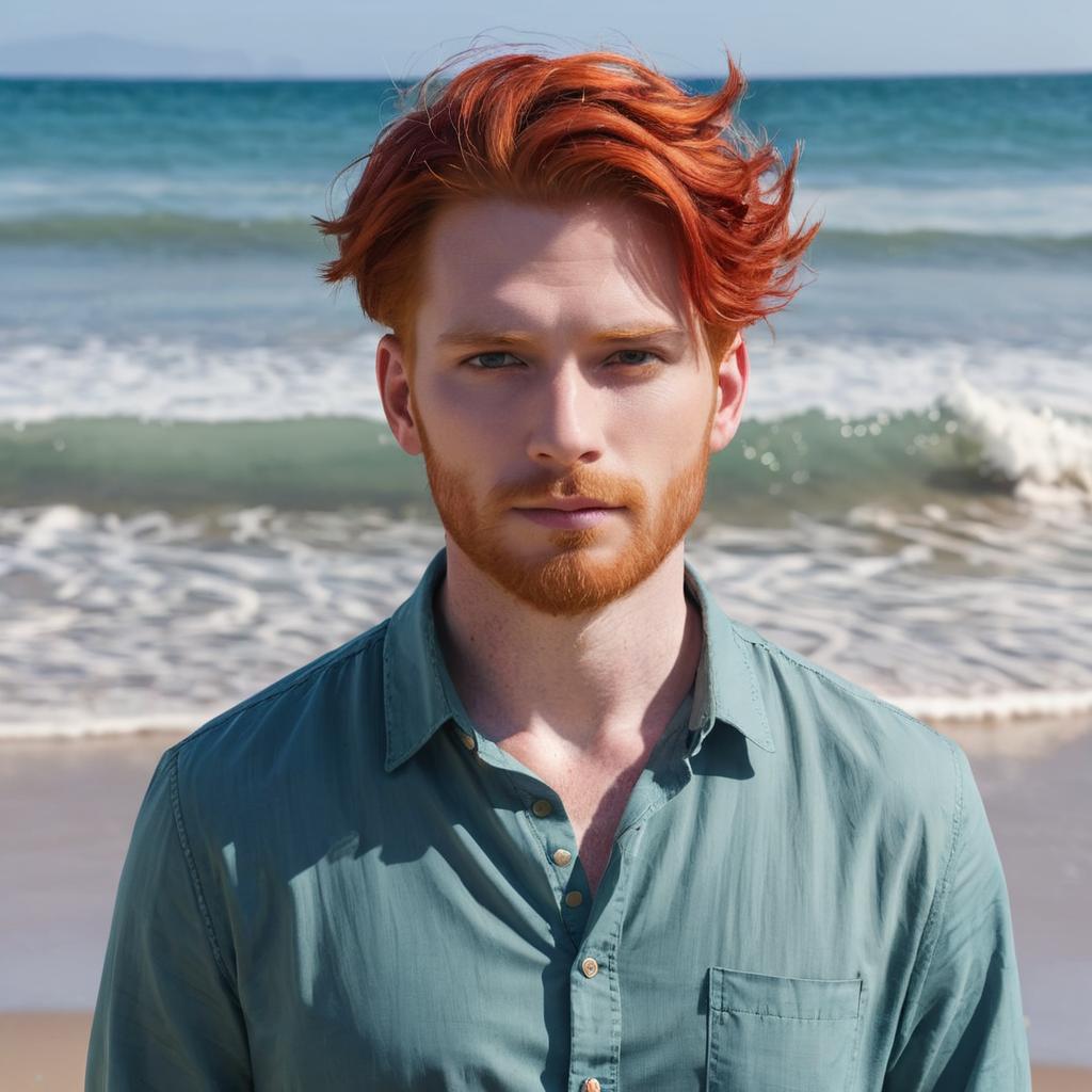 Young Man with Red Hair on Beach