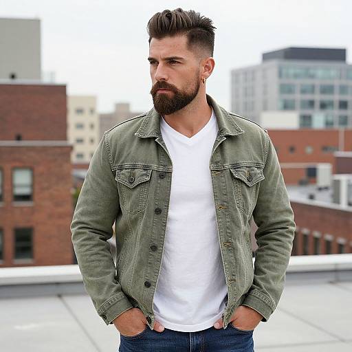 Bearded Man in Green Denim Jacket on Urban Rooftop