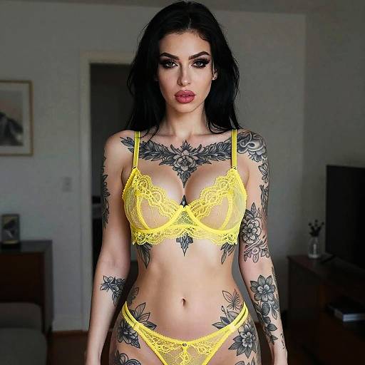 Tattooed Woman in Yellow Lace Lingerie with Floral Designs
