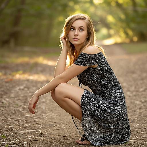 Young Woman in Black Floral Dress Crouching on Forest Path
