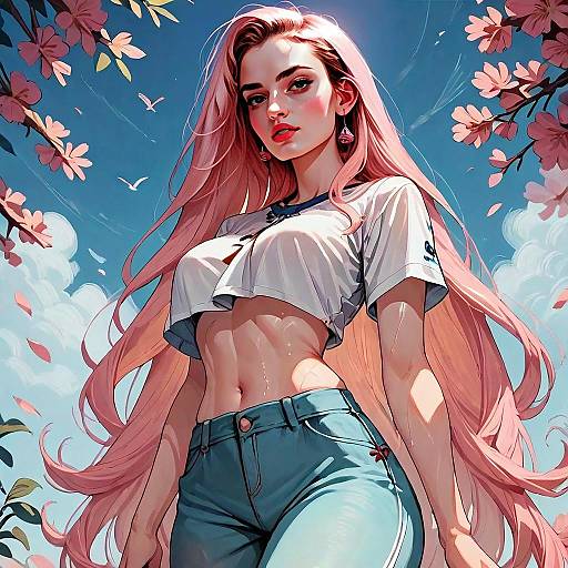 Anime Style Pink-Haired Woman in Cropped Shirt and Jeans with Cherry Blossoms