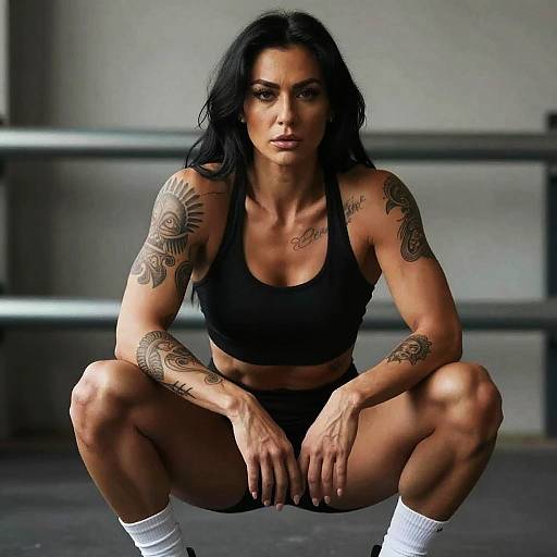 Tattooed Fit Woman Squatting in Gym Wearing Black Sportswear