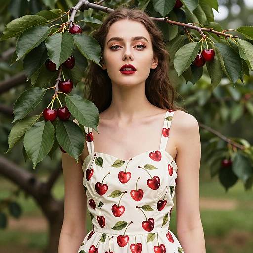 Young Woman in Cherry Print Dress Among Cherry Tree Branches