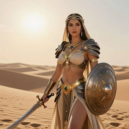 Desert Warrior Woman in Fantasy Armor with Sword and Shield